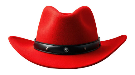Bright red cowboy hat w/ black band and silver studs on a black background