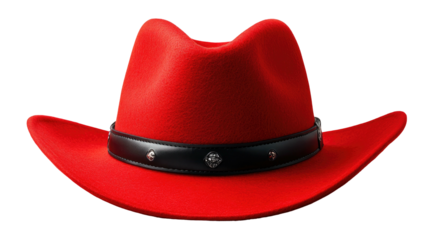 Bright red cowboy hat w/ black band and silver studs on a black background