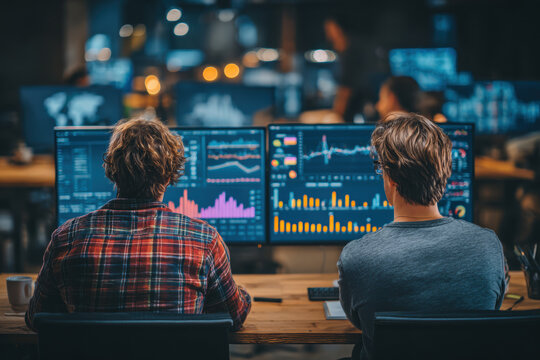 Two professionals monitor multiple computer screens displaying complex financial charts and data in a modern, dark office environment. They are focused on analysis.