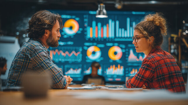 Two business colleagues are actively collaborating and discussing data insights in a modern office environment. A large screen displays various analytical charts and graphs in the background.