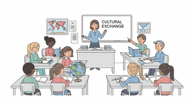 Teacher leading a cultural exchange lesson for diverse students in a classroom.