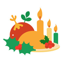 Festive christmas pudding with candles and holly