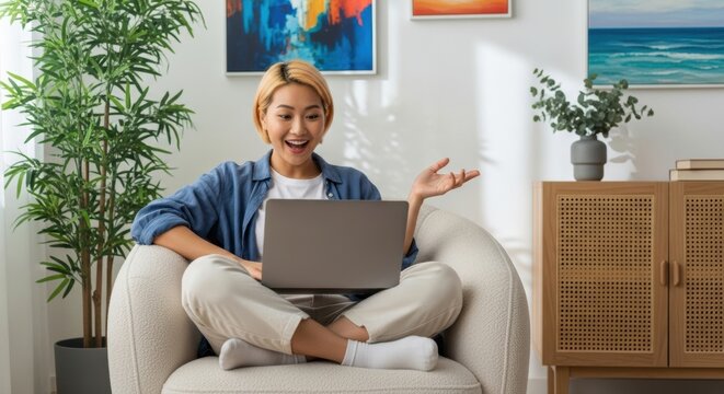 Excited young woman video chatting at home, smiling with laptop in cozy chair surrounded by colorful modern art and plants for a lifestyle blog