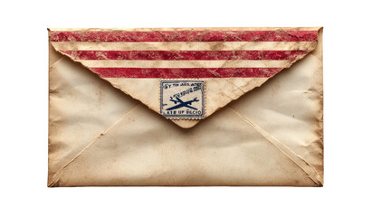 Fototapeta premium Old, aged envelope with red stripes and a stamp, hinting at airmail postage