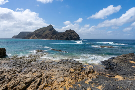 View of Cal Islet from Calheta Beach in Porto Santo, Madeira, Portugal