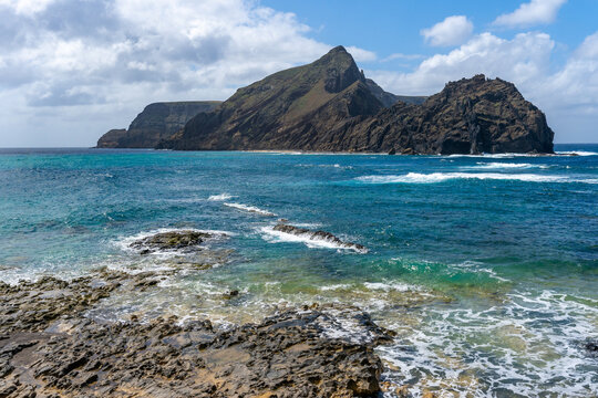 View of Cal Islet from Calheta Beach in Porto Santo, Madeira, Portugal
