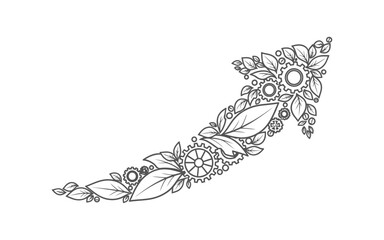 Arrow with Leaves and Gears growth progress technology nature machine mechanical upward direction symbol design vector illustration