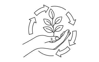 Hand holding plant with circular arrows, line art recycle growth sustainability eco environment nature leaf illustration vector graphic