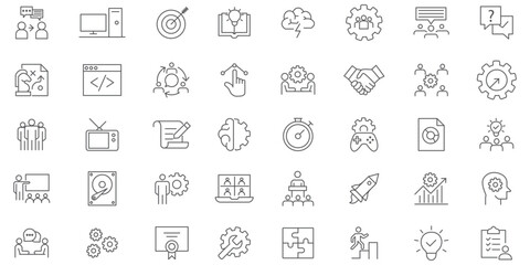Workshop icon set. Containing team building, training, coaching, teamwork, meeting, managing, coaching, motivation and more. Editable stroke. vector illustration