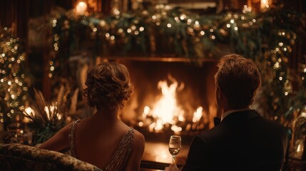 Obraz premium Luxurious Christmas celebration, soft focus fireplace glow, elegant people in evening wear, pine garlands