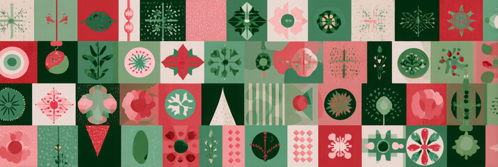 Festive Christmas pattern with geometric shapes decorative holiday background in red and green perfect for wrapping paper or textile design