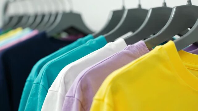 A closeup shot of colorful tshirts hanging on a rack, with a hand selecting a teal one, suggesting fashion or retail vector illustration
