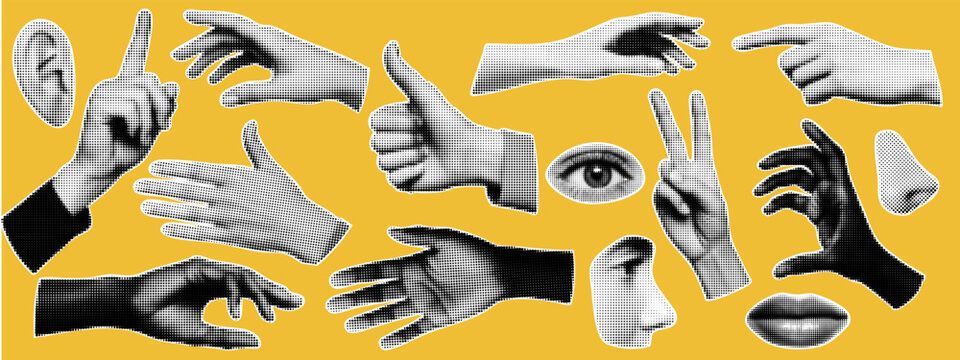 Punk Hands Collage Kit. A rebel mouth element with yellow sticker and retro design for a grunge poster..
