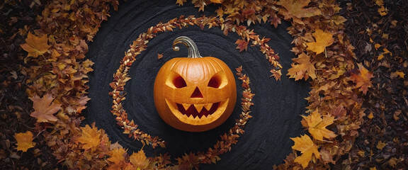 Zucca di Halloween intagliata (Jack-o'-lantern) al centro di una spirale di foglie autunnali su sfondo scuro.