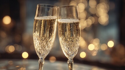 Crystal champagne flutes toasting. 2026 reflection in glass. Bokeh lights. Luxury New Year holiday