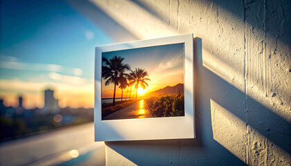 Tropical sunset photograph hanging on textured wall casting shadows