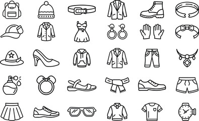 Fashion Outline Icon Set | Clothing, Accessories, Beauty, Style, Boutique & Trendy Apparel Vector Icons
