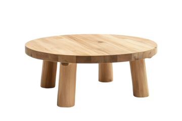 Short, chunky, round, wooden table with thick legs on dark background