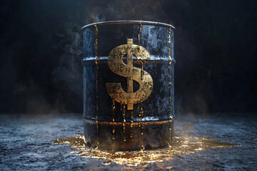 A dark, industrial scene featuring a metallic barrel marked with a dollar sign, leaking a gold liquid, symbolizing wealth and potential danger.