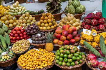 Fresh exotic fruits on display in farmers market in Funchal, Madeira