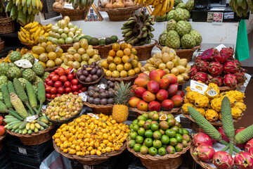 Fresh exotic fruits on display in farmers market in Funchal, Madeira