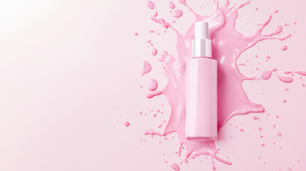 A pink skincare spray bottle with splashes of pink liquid against a light pink background, creating a fresh and vibrant aesthetic.