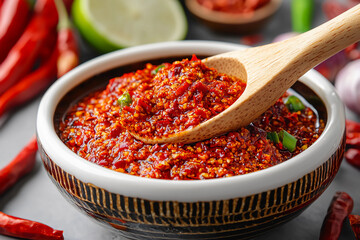 A vibrant bowl of spicy chili sauce, garnished with green onions, surrounded by fresh red chilies and lime, perfect for enhancing any dish.
