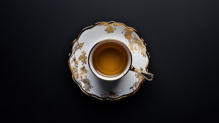 Top view of a cup of tea on a black background. the cup is white with gold accents and has a floral design around the rim. the saucer is also white with a gold trim around the edges.