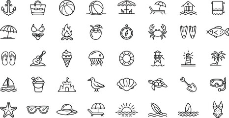 Beach Vector Icon Set | Summer, Travel, Sea, Vacation, Palm Tree, Sun, Surf & Holiday Outline Icons