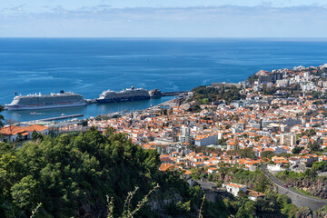 Panoramic View of Funchal City with Red Tiled Roofs and Ocean, Madeira, Portugal