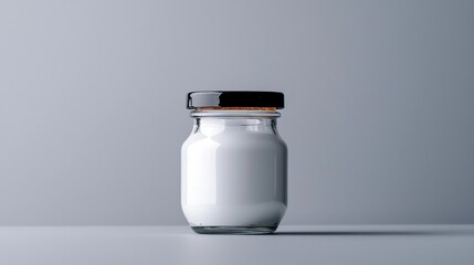 Photograph of a glass jar with a black lid. the jar is empty and is placed on a plain white surface. the lid is made of black plastic and has a cork stopper on top.