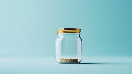 Photograph of a small glass jar with a gold-colored lid. the jar is empty and is placed on a light blue background.