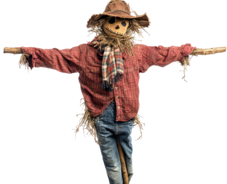 Scarecrow in red plaid shirt, jeans, and hat