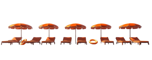 Stylized beach scene with five umbrellas and lounge chairs