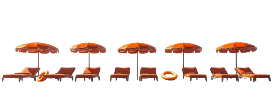 Stylized beach scene with five umbrellas and lounge chairs