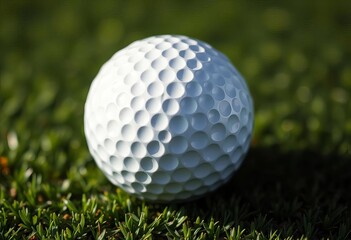 Fototapeta premium Close-up of a dimpled golf ball on a putting green, nature, golf course