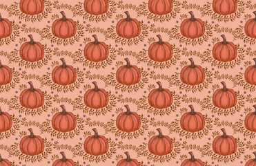 seamless  autumn pattern with pumpkins and leaves