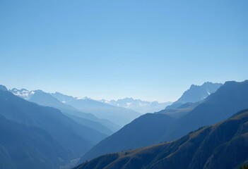 Naklejka premium Expansive vista of pristine mountain range, clear blue sky, unobstructed, high