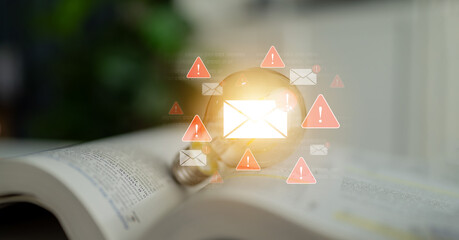 Concept of a cybersecurity warning for unsafe email communication. This alert signifies a phishing...