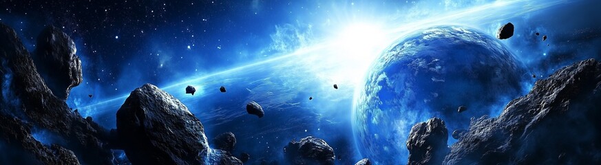 Fototapeta premium Panoramic view of a deep blue nebula and exoplanet with asteroids and a bright distant star