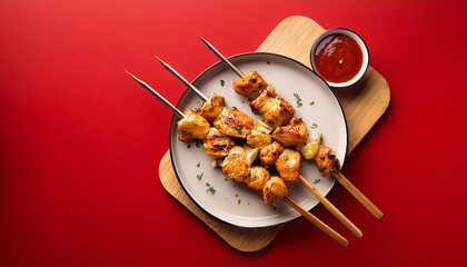 grilled skewered chicken with sauce on red background