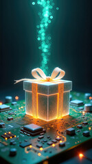Holographic gift box on circuit board illuminated by glowing lights. Gift box radiates warmth with ribbon over intricate circuitry, symbolizing technology and creativity.