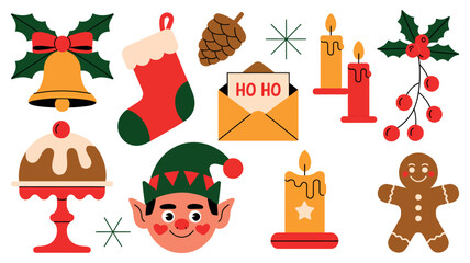 Vector art of christmas elements with bell, stocking, pudding, elf, and candle