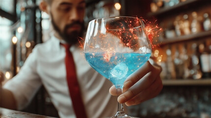 Bartender pouring blue cocktail from shaker into martini glass. Close-up of professional mixologist with beard preparing vibrant alcoholic drink with copy space for nightlife concept.