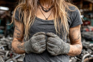 Woman mechanic with gloves showcasing strength and determination in workshop