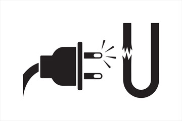 Damaged electrical cord and plug symbol silhouette a white background