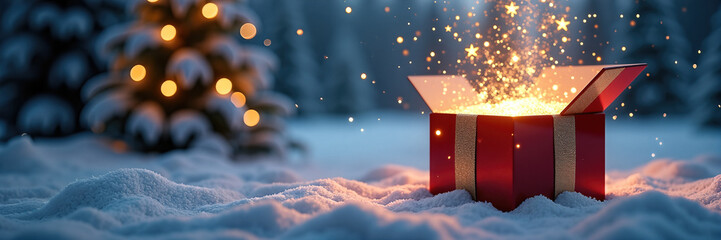 Magical gift box in snowy landscape with glowing sparks around. Beautiful Christmas gift box opens in winter wonderland, surrounded by snow-covered trees and festive lights.