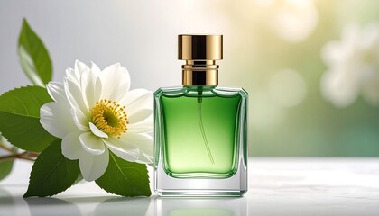 Elegant Green Perfume Bottle with White Flower on Reflective Surface.