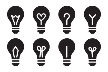 Collection of light bulb icons with different symbols silhouette a white background