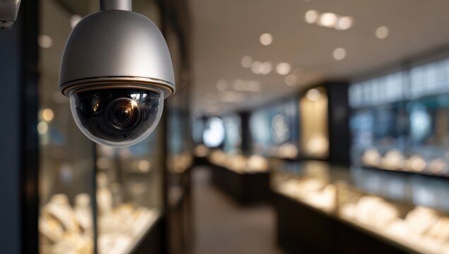 A close-up of an indoor security camera in a jewelry store, watching over display cabinets filled with gold and silver treasures, set against a softly lit, professional backdrop.